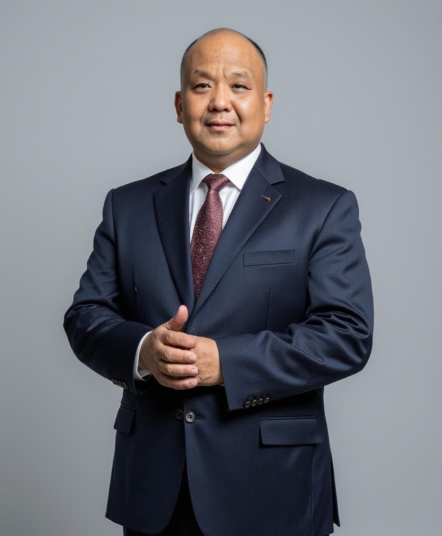 Middle-aged Asian man in a navy suit and maroon tie, hands clasped, grey background.