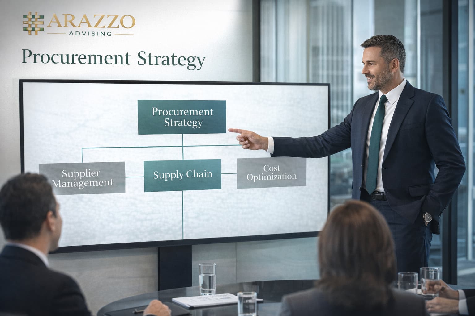 Professional consultant pointing at a procurement strategy presentation featuring the correctly spelled text "Supply Chain"