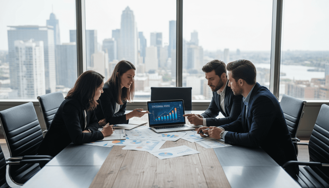 Executives collaborate around a conference table reviewing operational strategy and metrics