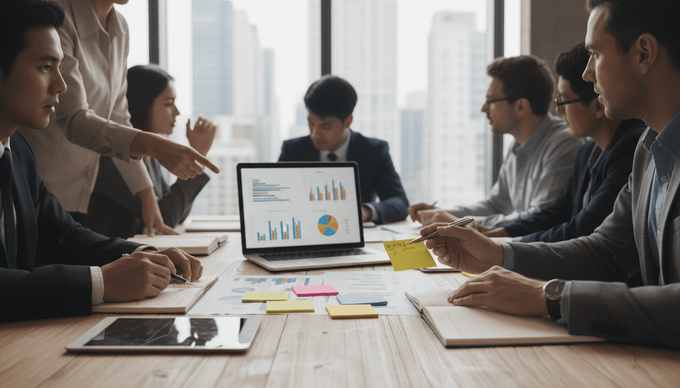 Two consultants reviewing operational and supply chain strategy documents in a modern conference room