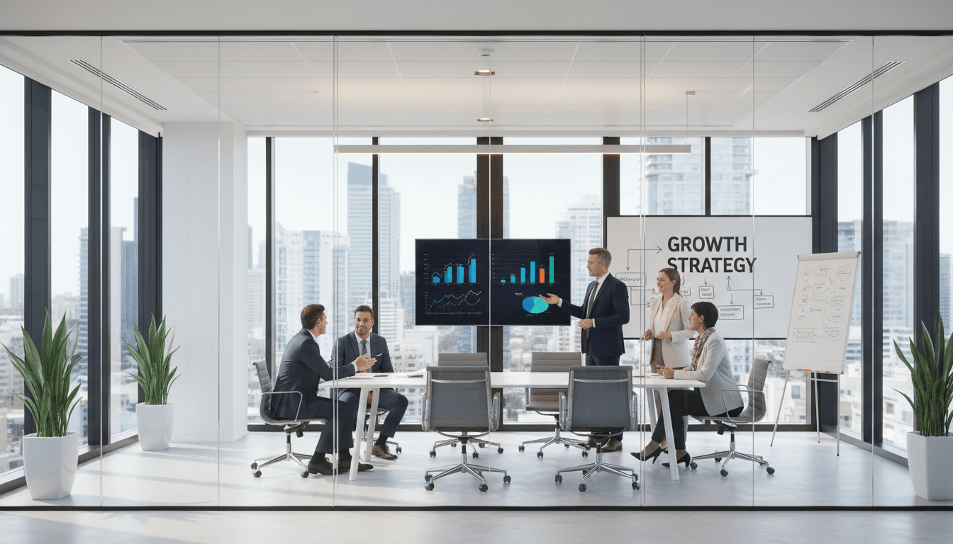 Professional business consultation in a modern conference room with Atlanta city views