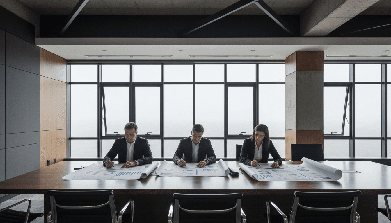 Executive team reviewing strategic documents at conference table