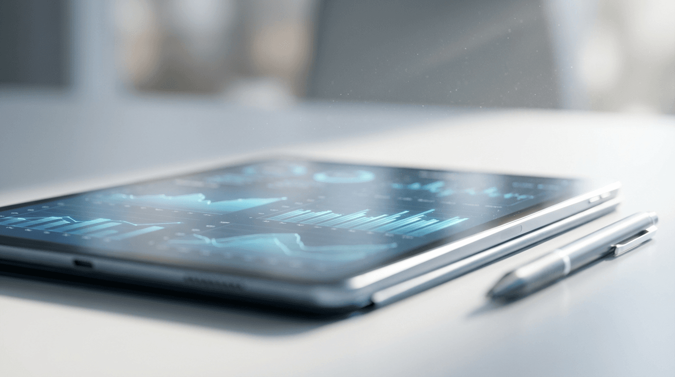 Hands reviewing supply chain analytics on tablet