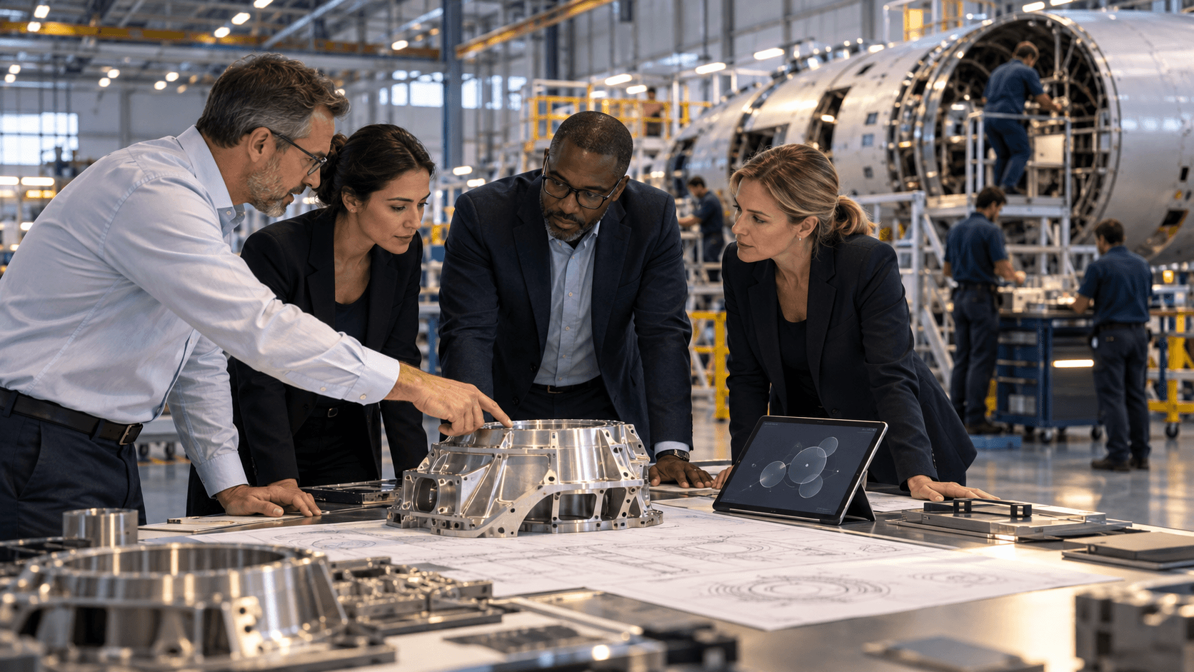 Diverse professionals examine a precision metal component and blueprints in an aerospace manufacturing facility.