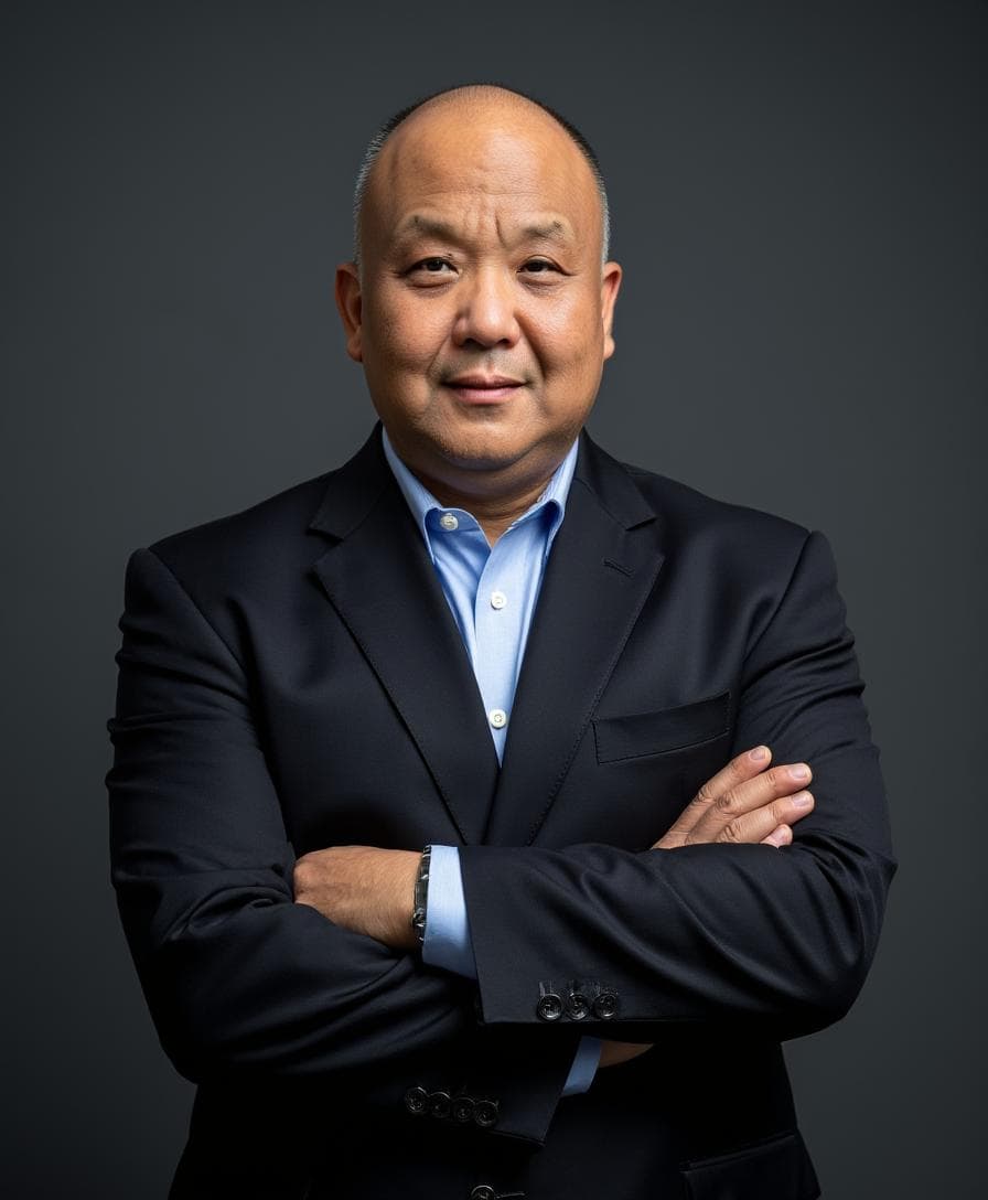 Bald East Asian man in a navy blazer and blue shirt with arms crossed.