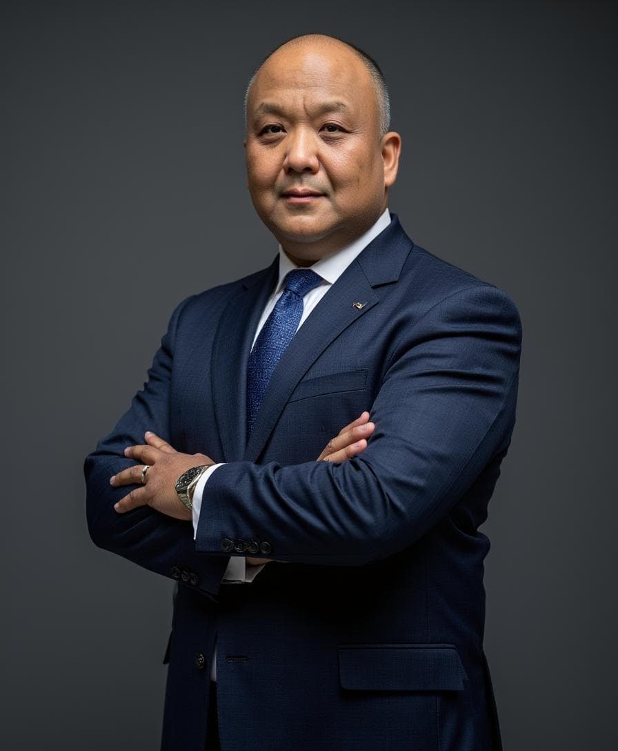 Bald Asian man in a professional navy suit and tie posing with arms crossed.